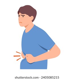 illustration of a man touches his stomach. Gastrointestinal problems, fear of gastritis, acid reflux, intestinal problems. flat design