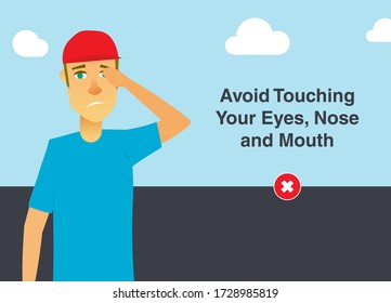 Illustration of man touching his eyes. Prevention from virus spread. Editable vector file.