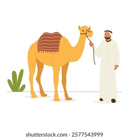 Illustration of man in traditional arabic clothes with camel. Illustrations for websites, landing pages, mobile apps, posters and banners. Trendy flat vector illustrations