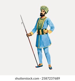 Illustration of a man in traditional attire with a spear. He wears a blue tunic and turban, representing historical fashion and weaponry. Vintage art illustration, vector.