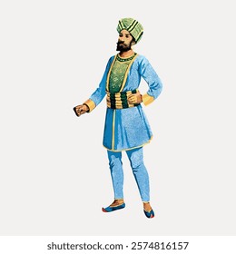 Illustration of a man in traditional Indian attire, wearing a turban and blue outfit. The man stands confidently, showcasing cultural attire and style.