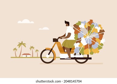 Illustration of a man transporting large number of water pots in a moped. A scene from southern India