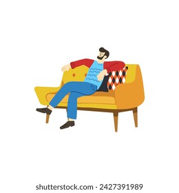 illustration of a man tried and relaxing on couch