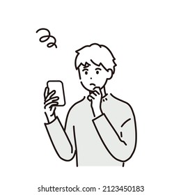 Illustration of a man troubled by looking at a smartphone. Vector.