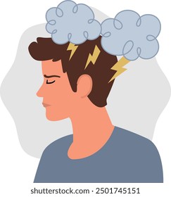 Illustration of a man with a troubled expression, featuring storm clouds and lightning bolts above his head, symbolizing anxiety, stress, and mental turmoil. Ideal for content related to mental health
