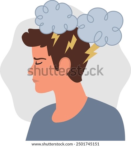 Illustration of a man with a troubled expression, featuring storm clouds and lightning bolts above his head, symbolizing anxiety, stress, and mental turmoil. Ideal for content related to mental health