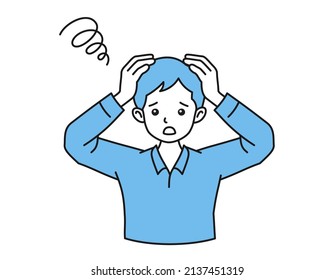 Illustration of a man with troubled expression, pose holding his head, vector illustration design elements on white background