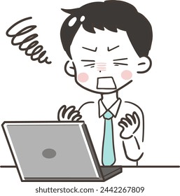 Illustration of a man with a troubled face working on a computer