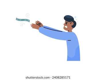 illustration of a man trying to catch flying money. chasing money that blows in the wind. trying to get some money. losing money. flat or cartoon style illustration design. graphic elements. vector