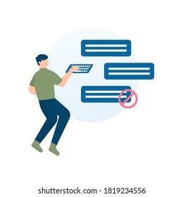 illustration of a man trying to filter and block offensive and rude messages. the concept of a forum admin or manager. flat style. element design