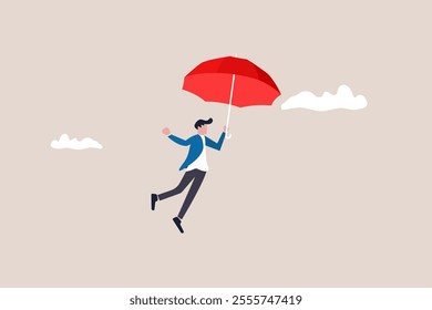 Illustration of man trying to fly with umbrella