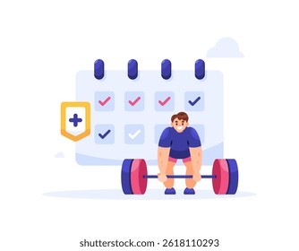 illustration of a man trying to lift a barbell and a calendar. fitness schedule concept, consistent for exercise and weight lifting. gym agenda. consistency and lifestyle. flat style design. elements
