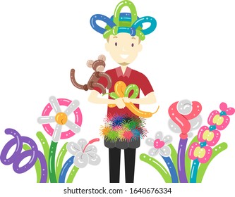 Illustration of a Man Twisting a Balloon with Flowers, Monkey and Hat Samples in His Modeling Artist Job