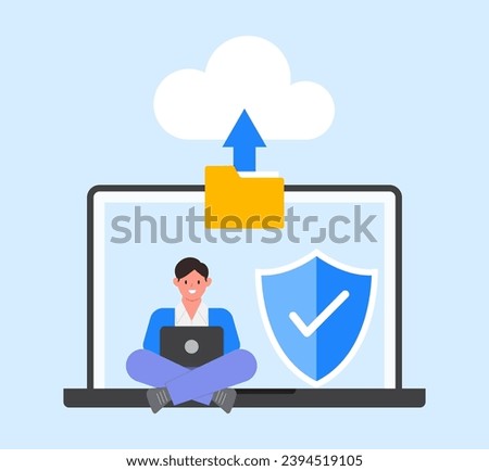 An illustration of a man uploading file to cloud. Secure file sharing concept with characters. Modern flat style for landing page, web banner, infographics.
