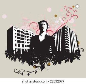 Illustration of a man and urban buildings