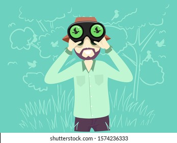 Illustration of a Man Using Binoculars for Bird Watching with a Silhouette of a Bird on the Lens