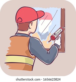 Illustration of a Man Using a Caulking Gun to Seal Window Gaps for Air Leaks