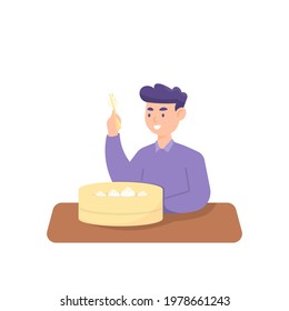 illustration of a man using chopsticks to pick up buns or siomay. expression of people who want to eat dim sum. asian food. flat style. vector design
