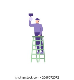 illustration of a man using or climbing stairs to change a light bulb. repairman. fix the lamp. flat cartoon style. vector design