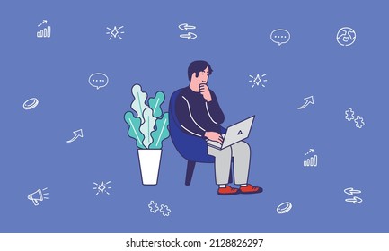 Illustration of a man using a computer and an icon