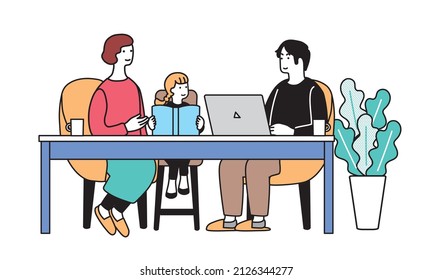 Illustration of a man using a computer and a parent and child reading a book