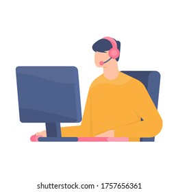 illustration of a man using a computer and wearing headphones. illustration of a customer service, admin, gamers, and office employees. flat design. can be used for elements, landing pages, UI, web