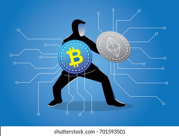An illustration of a man using crypto currency as shield