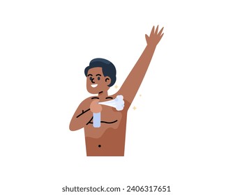 Illustration of a man using deodorant spray. Spraying deodorant on the armpits to eliminate body odor or underarm odor and sweat odor. flat or cartoon style illustration design. graphic elements