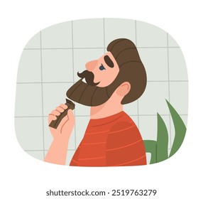 Illustration of a man using an electric razor to trim his beard in a bathroom, wearing a red shirt, with tiled walls in the background. Personal hygiene and grooming concept.