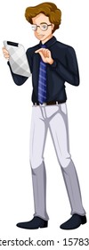 Illustration of a man using an electronic gadget on a white background