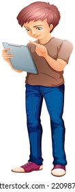 Ilustración de un hombre usando un gadget sobre un fondo blanco