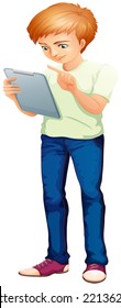 Illustration of a man using a gadget on a white background  