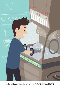 Illustration Of A Man Using A Glove Box Doing A Combustion Experiment