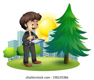 Illustration of a man using his gadget outside the building on a white background