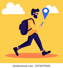 Illustration of a man using his phone for navigation while traveling, perfect for travel and technology projects