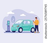 Illustration of a man using his smartphone while his electric car charges at a station.