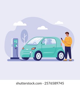 Illustration of a man using his smartphone while his electric car charges at a station.