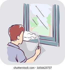 Ilustración de un hombre que usa el Incenso y el Humo para comprobar si hay escapes en las ventanas