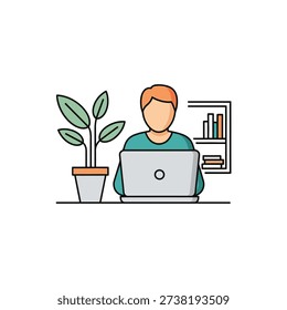 Illustration of a man using a laptop computer with a plant nearby