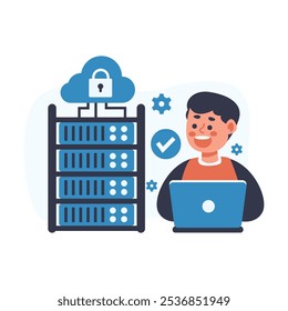 Ilustración de un hombre usando una computadora portátil al lado de un rack de servidores conectado a una nube con un icono de candado. La Imagen representa la seguridad de datos en la nube, la protección y la gestión de la ciberseguridad.