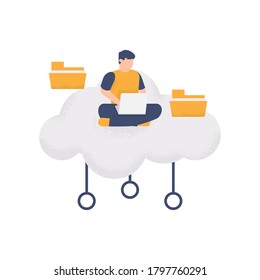 illustration of a man using a laptop and sitting in a cloud storage to store several folders. the concept of storing files or documents, online storage, data servers. flat design. can be used for UI