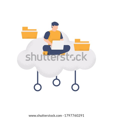 illustration of a man using a laptop and sitting in a cloud storage to store several folders. the concept of storing files or documents, online storage, data servers. flat design. can be used for UI