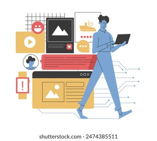 Illustration of a man using a laptop surrounded by digital content and social media icons, representing online activity and digital footprint. Highlights internet usage, social media, communication.