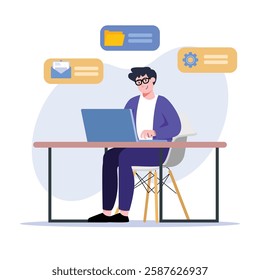 Illustration of a man using a laptop while email, folder and settings icons float around him Great for technology and business concepts