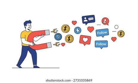 Ilustración de un hombre usando un Grande imán rojo para atraer likes y seguimientos de redes sociales junto con símbolos de dinero.