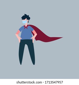 illustration of man using mask for avoid corona virus and be a covid hero. Covid-19 hero, stay home hero
