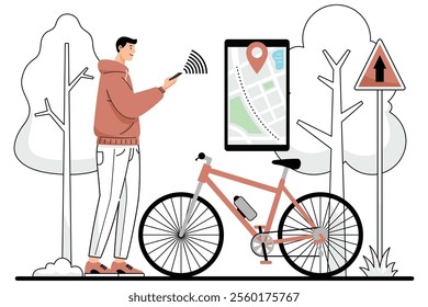 Illustration of a man using a mobile phone for navigation near a bicycle with a map display.