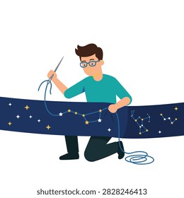Illustration of a man using a needle and blue thread to sew a dark blue fabric patterned with celestial constellations.