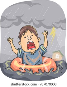 Illustration of a Man Using a Ring Floater Floating in Flood from Hurricane, Typhoon or Cyclone