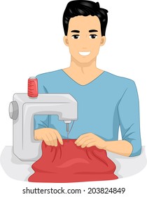 Illustration of a Man Using a Sewing Machine